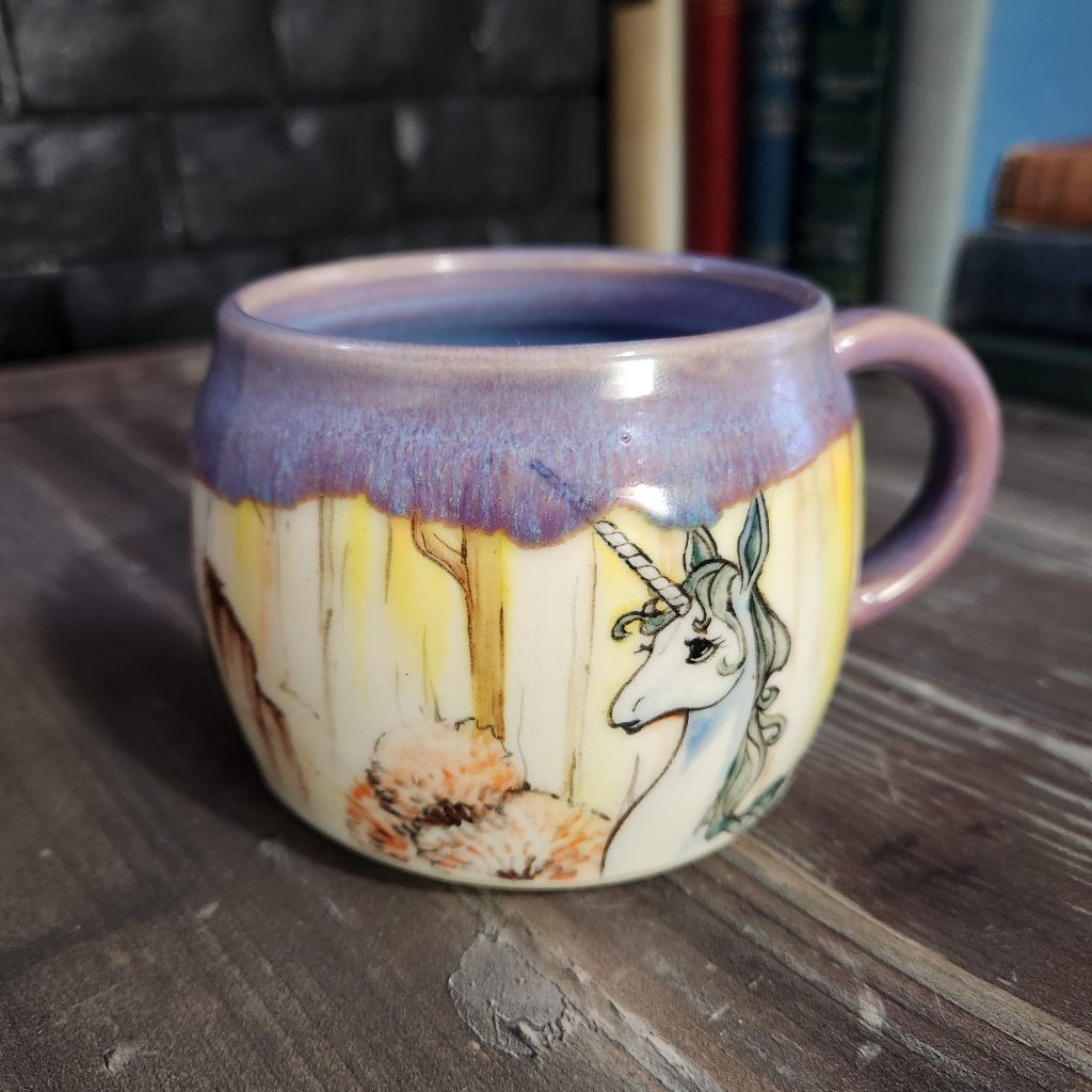Last Unicorn handpainted mug with purple glaze